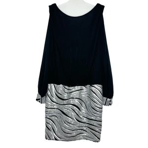 Cache Black Silver Sequin Evening Party Cocktail Dress Sheer Open Sleeve Size 4